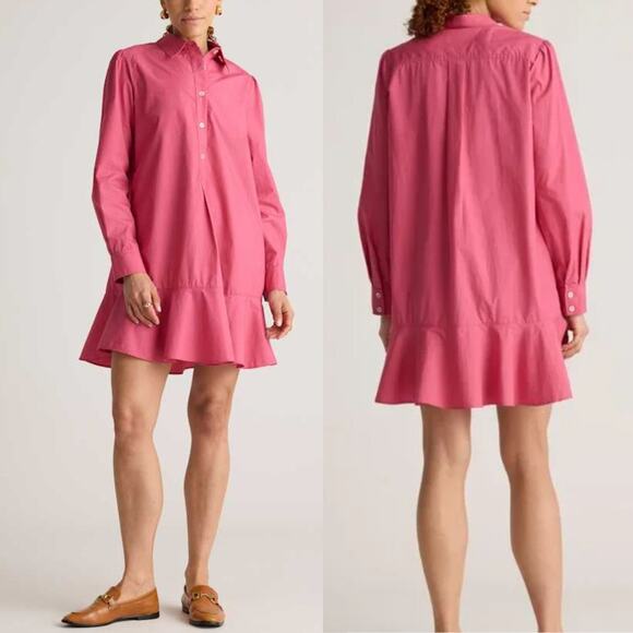 Quince Poplin Drop Waist Shirt Dress Large 100% Organic Cotton Pink Preppy Chic - Picture 1 of 12